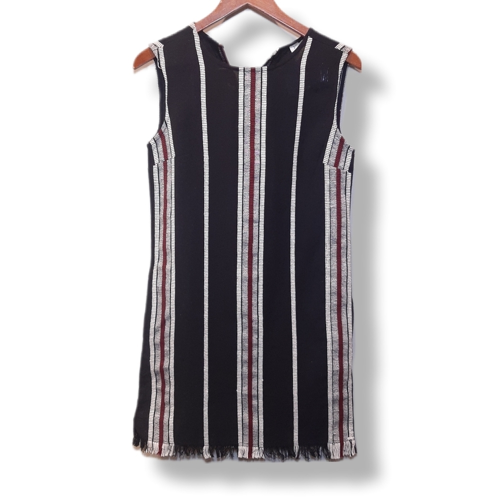 La Classe Couture Baja Striped Shift Dress Fringe Sleeveless Pockets Womens XS